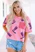 Pink Western Boots Sequin Patchwork Crew Neck T Shirt