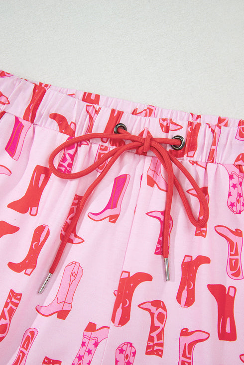 Pink Western Cowgirl Boots Printed Shirt Ruffled Shorts Pajama Set