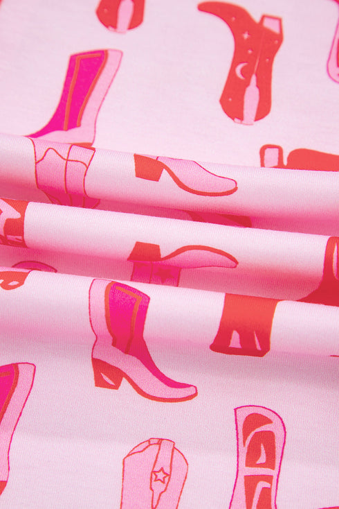 Pink Western Cowgirl Boots Printed Shirt Ruffled Shorts Pajama Set