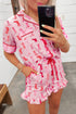 Pink Western Cowgirl Boots Printed Shirt Ruffled Shorts Pajama Set