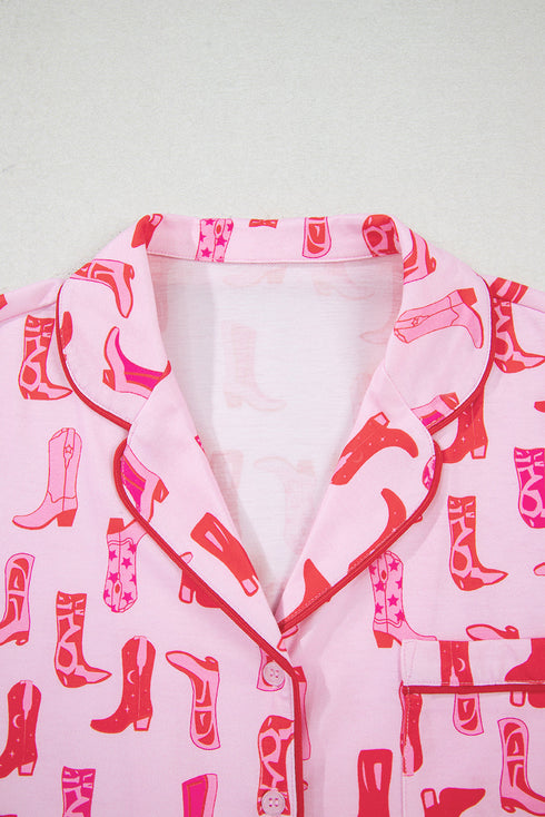 Pink Western Cowgirl Boots Printed Shirt Ruffled Shorts Pajama Set