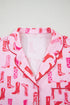 Pink Western Cowgirl Boots Printed Shirt Ruffled Shorts Pajama Set