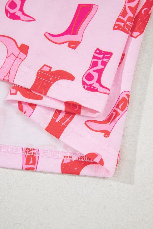 Pink Western Cowgirl Boots Printed Shirt Ruffled Shorts Pajama Set