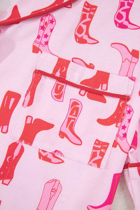 Pink Western Cowgirl Boots Printed Shirt Ruffled Shorts Pajama Set