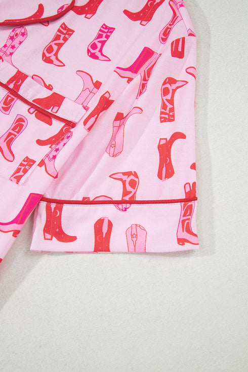 Pink Western Cowgirl Boots Printed Shirt Ruffled Shorts Pajama Set
