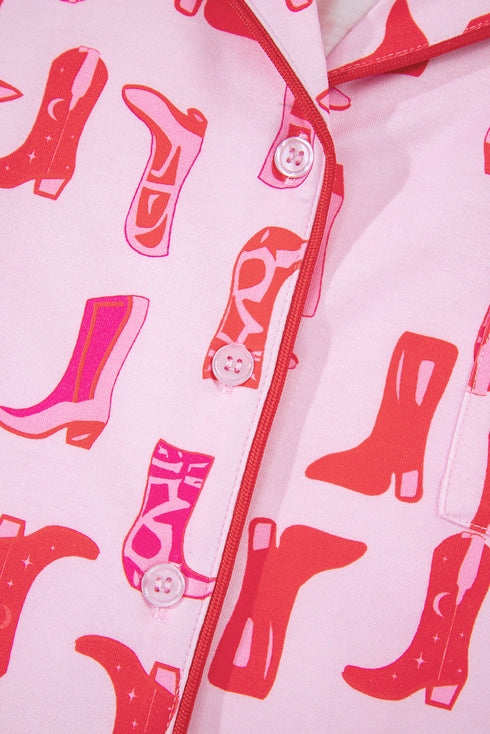Pink Western Cowgirl Boots Printed Shirt Ruffled Shorts Pajama Set