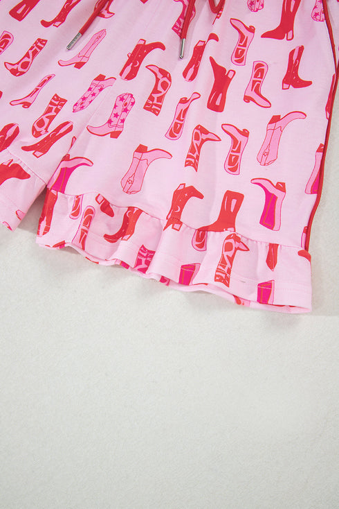 Pink Western Cowgirl Boots Printed Shirt Ruffled Shorts Pajama Set