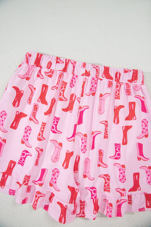 Pink Western Cowgirl Boots Printed Shirt Ruffled Shorts Pajama Set
