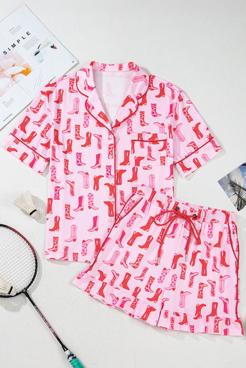 Pink Western Cowgirl Boots Printed Shirt Ruffled Shorts Pajama Set