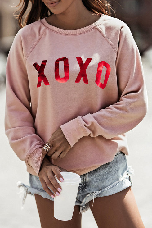 Pink Xoxo Glitter Pattern Print Graphic Sweatshirt