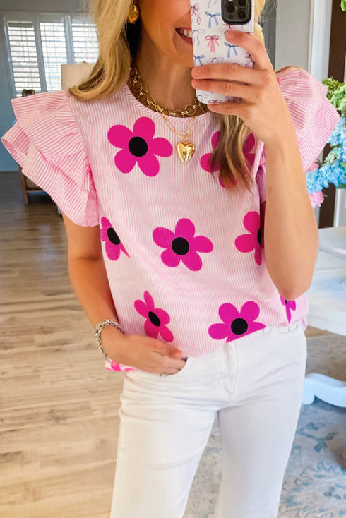 Pinstripe Floral Print Ruffled Flutter Sleeve Blouse