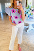 Pinstripe Floral Print Ruffled Flutter Sleeve Blouse