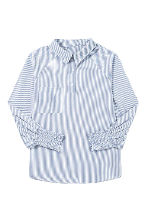 Pinstripe Shirt Collar Smocked Cuff Long Sleeve Blouse