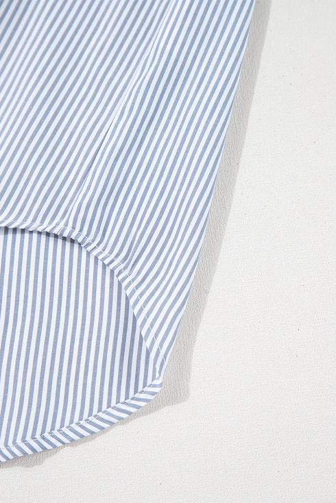 Pinstripe Shirt Collar Smocked Cuff Long Sleeve Blouse