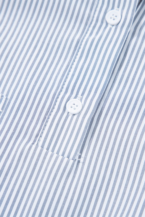 Pinstripe Shirt Collar Smocked Cuff Long Sleeve Blouse
