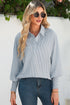 Pinstripe Shirt Collar Smocked Cuff Long Sleeve Blouse