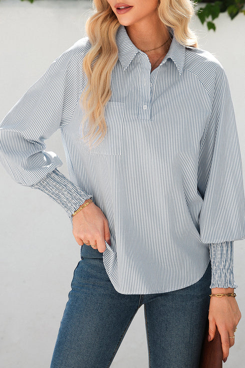 Pinstripe Shirt Collar Smocked Cuff Long Sleeve Blouse