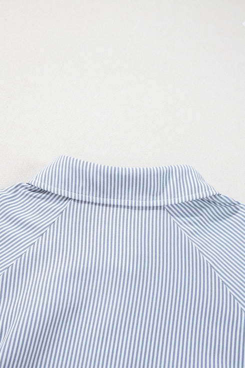 Pinstripe Shirt Collar Smocked Cuff Long Sleeve Blouse