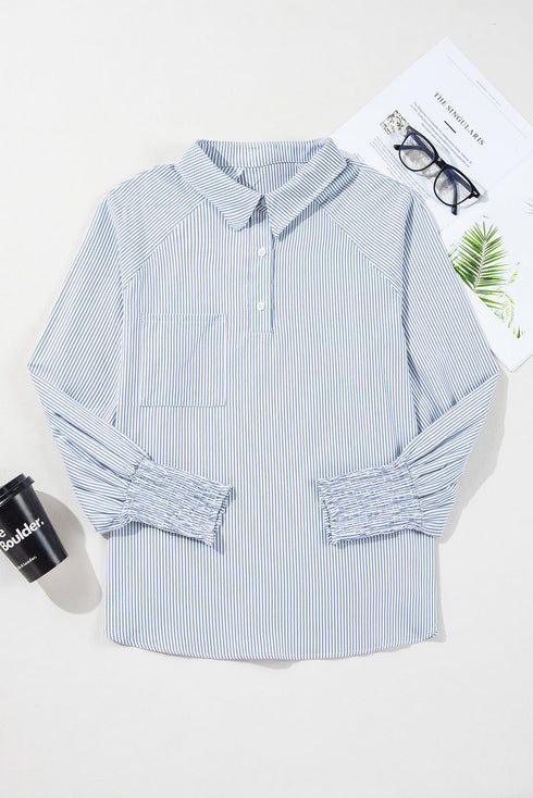 Pinstripe Shirt Collar Smocked Cuff Long Sleeve Blouse