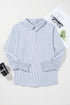Pinstripe Shirt Collar Smocked Cuff Long Sleeve Blouse