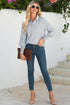 Pinstripe Shirt Collar Smocked Cuff Long Sleeve Blouse