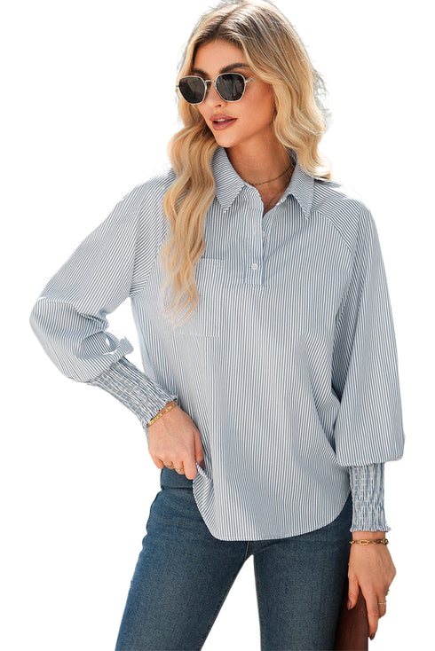 Pinstripe Shirt Collar Smocked Cuff Long Sleeve Blouse
