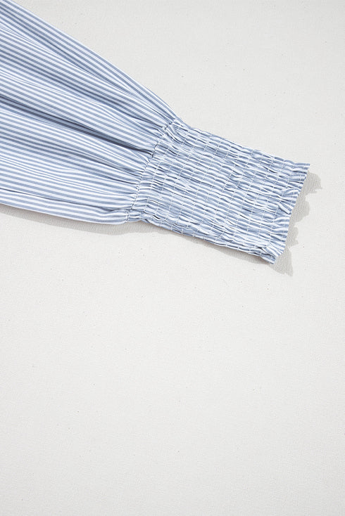 Pinstripe Shirt Collar Smocked Cuff Long Sleeve Blouse