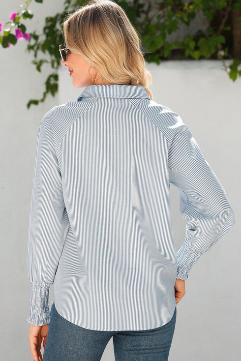 Pinstripe Shirt Collar Smocked Cuff Long Sleeve Blouse