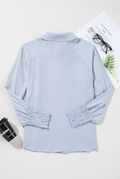 Pinstripe Shirt Collar Smocked Cuff Long Sleeve Blouse