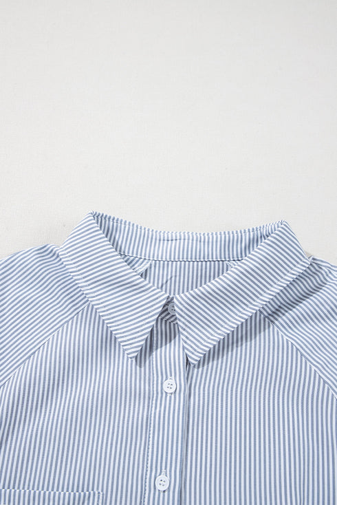 Pinstripe Shirt Collar Smocked Cuff Long Sleeve Blouse