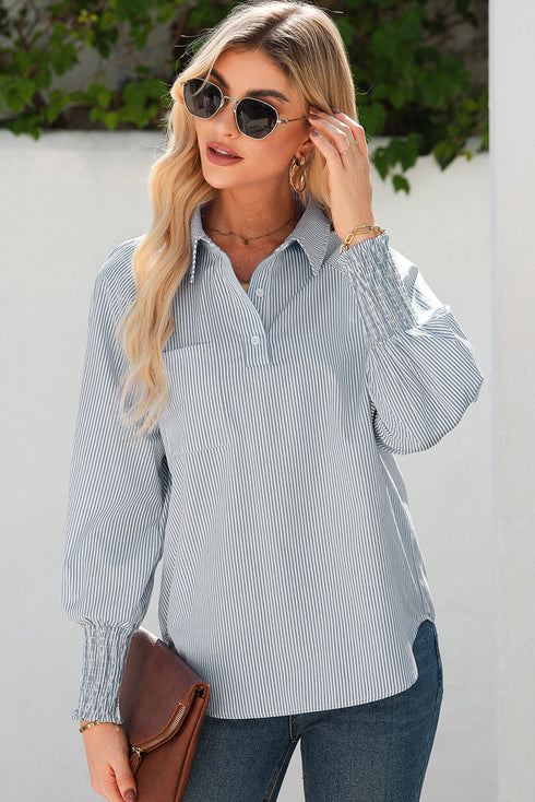 Pinstripe Shirt Collar Smocked Cuff Long Sleeve Blouse