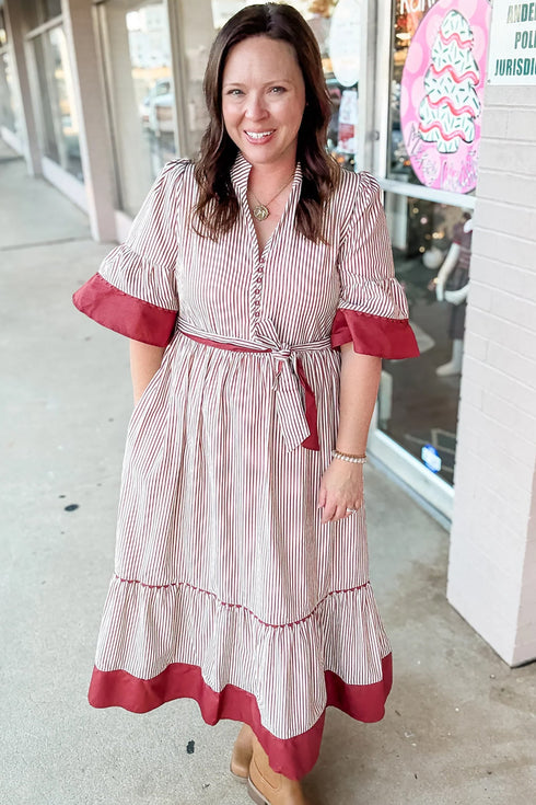 Pinstriped Ruffled Hem A Line Plus Size Midi Dress