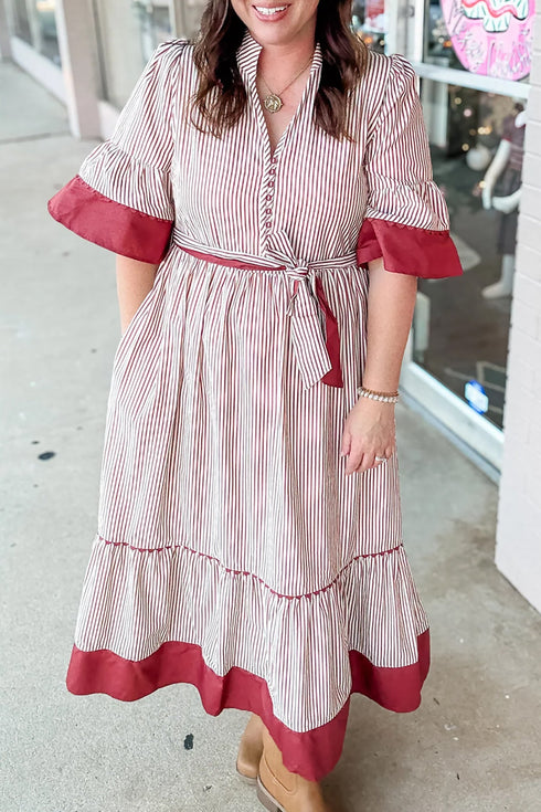 Pinstriped Ruffled Hem A Line Plus Size Midi Dress