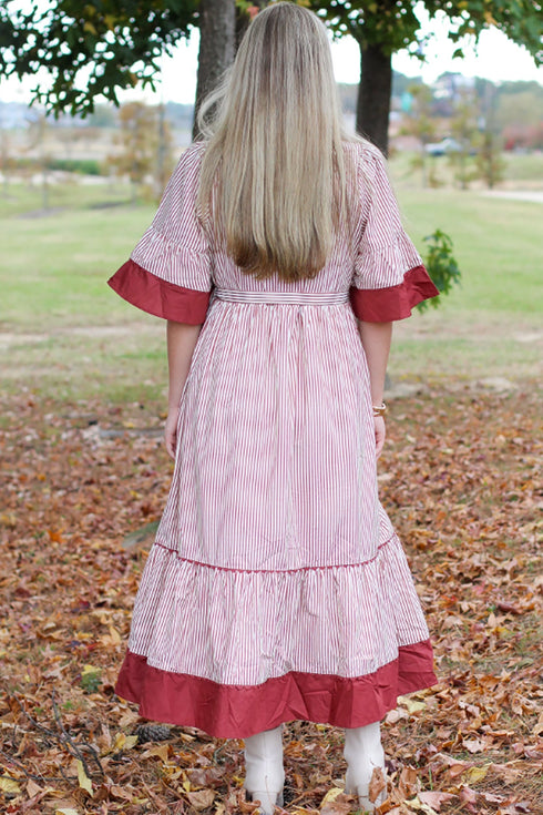 Pinstriped Ruffled Hem A Line Plus Size Midi Dress