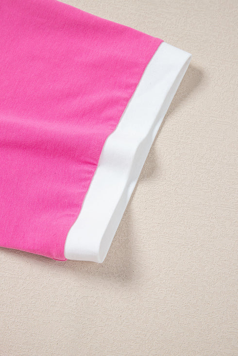 Piped Trim Collared Split Neck Short Sleeve Top