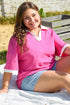 Piped Trim Collared Split Neck Short Sleeve Top