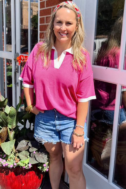 Piped Trim Collared Split Neck Short Sleeve Top
