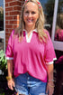 Piped Trim Collared Split Neck Short Sleeve Top