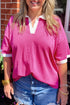 Piped Trim Collared Split Neck Short Sleeve Top