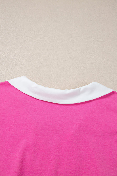 Piped Trim Collared Split Neck Short Sleeve Top