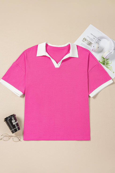 Piped Trim Collared Split Neck Short Sleeve Top