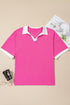 Piped Trim Collared Split Neck Short Sleeve Top