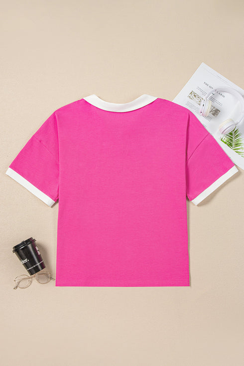 Piped Trim Collared Split Neck Short Sleeve Top