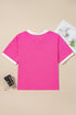 Piped Trim Collared Split Neck Short Sleeve Top