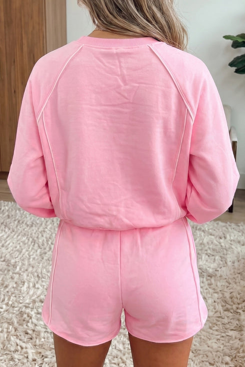 Piping Trim Long Sporty Pullover Drawstring Elastic Waist Short Set