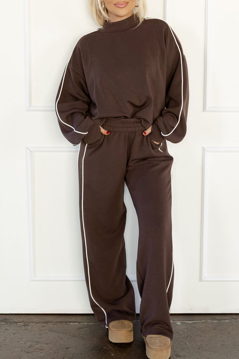Piping Trim Mock Neck Relaxed Pullover Pant Set