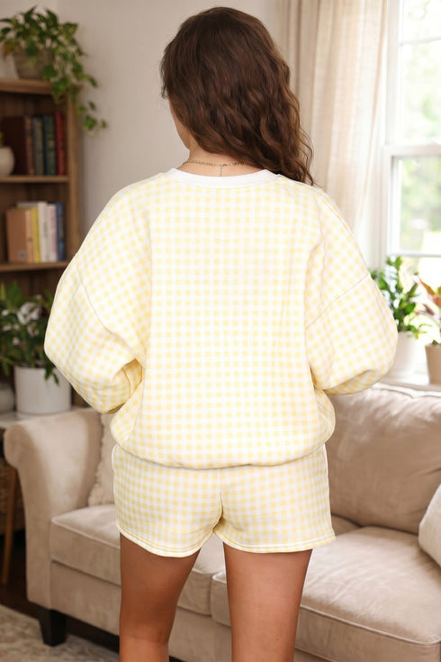 Plaid Baggy Pullover Drawstring Casual Short Set