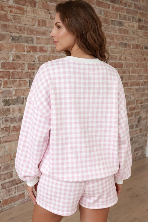 Plaid Baggy Pullover Drawstring Shorts Coordinated Two Piece Set