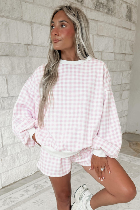 Plaid Baggy Pullover Drawstring Shorts Coordinated Two Piece Set