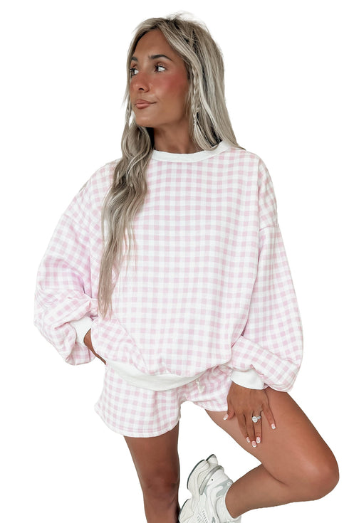 Plaid Baggy Pullover Drawstring Shorts Coordinated Two Piece Set
